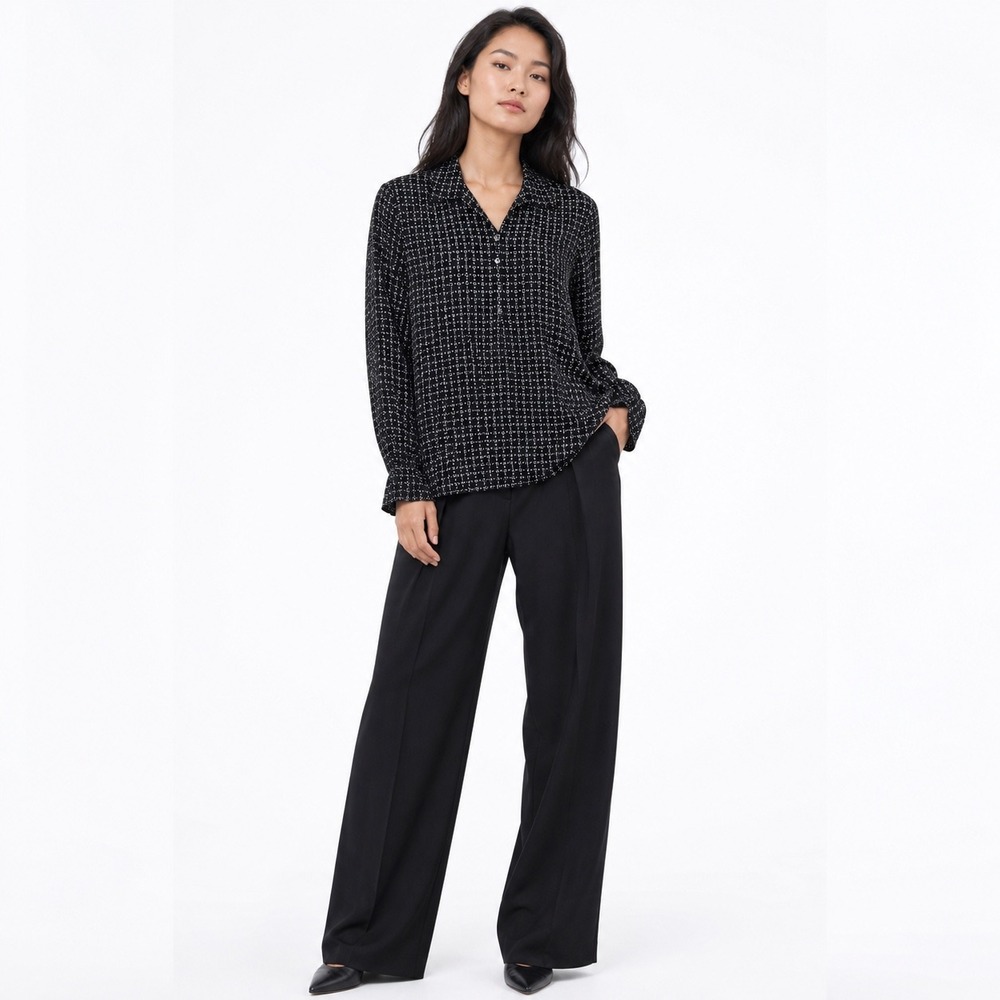 Vtg Talbots Womens Pure Silk Blouse Black White 6 Career Preppy Old Money Office